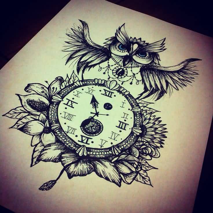 Wonderful Black Ink Owl With Clock Tattoo Design