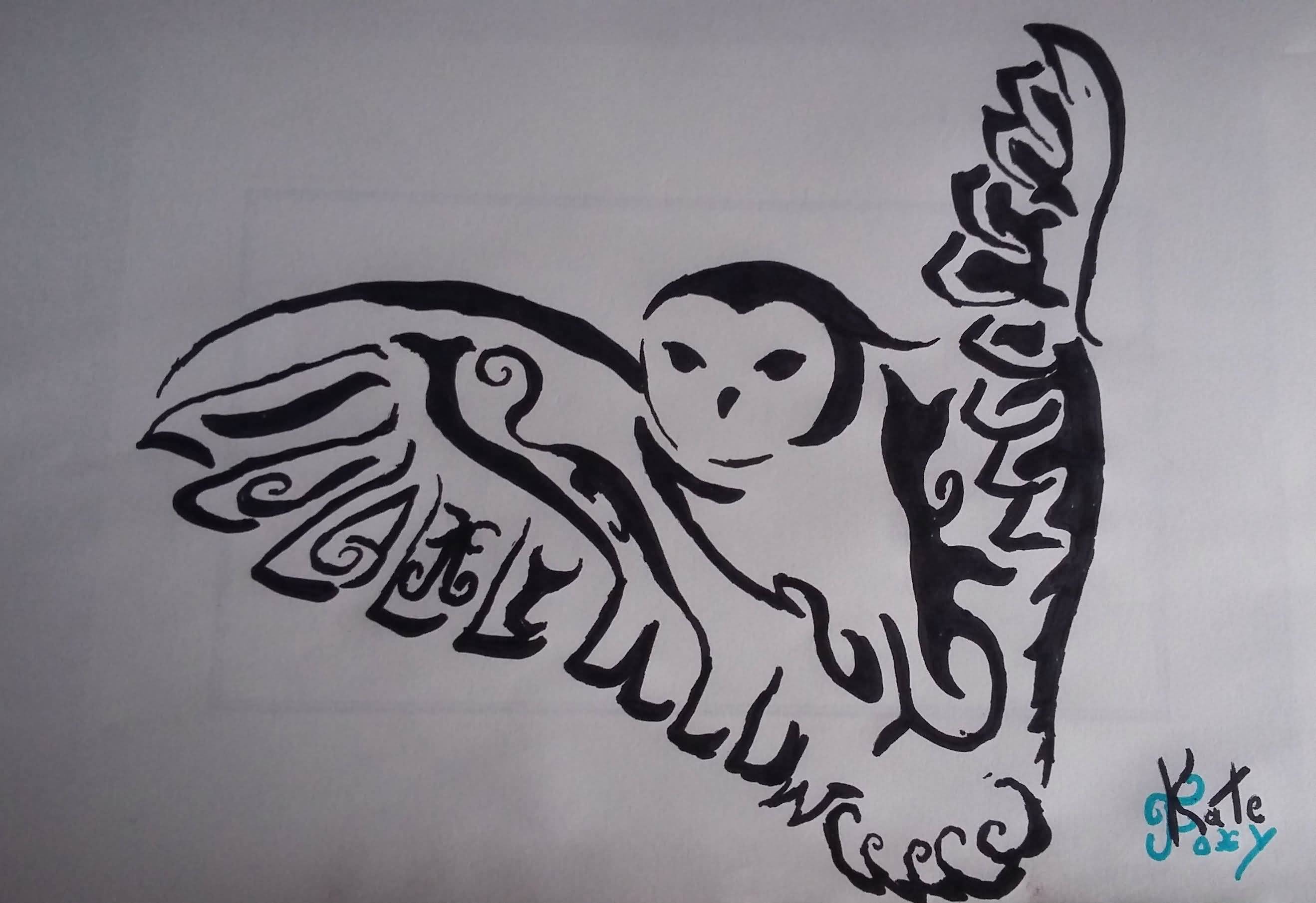 Wonderful Black Tribal Flying Owl Tattoo Design