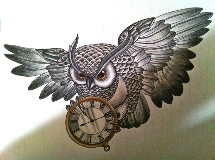 Wonderful Flying Owl With Clock Tattoo Design