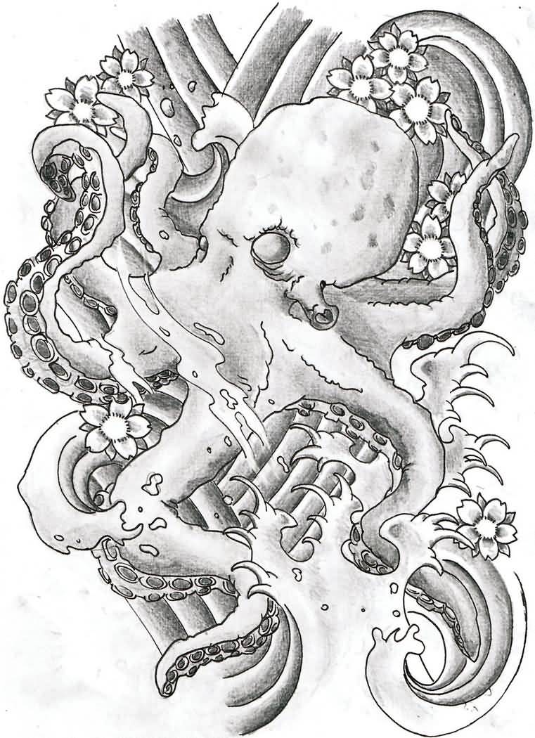Wonderful Grey Ink Octopus With Flowers Tattoo Design For Chest