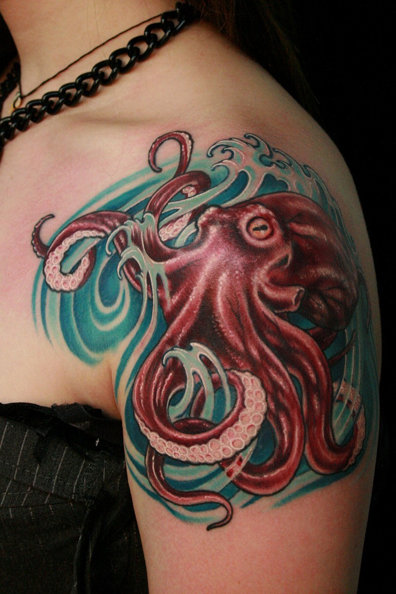 Wonderful Japanese Octopus Tattoo On Girl Left Shoulder