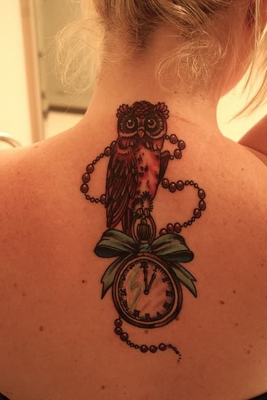 Wonderful Owl With Pocket Watch Tattoo On Girl Upper Back