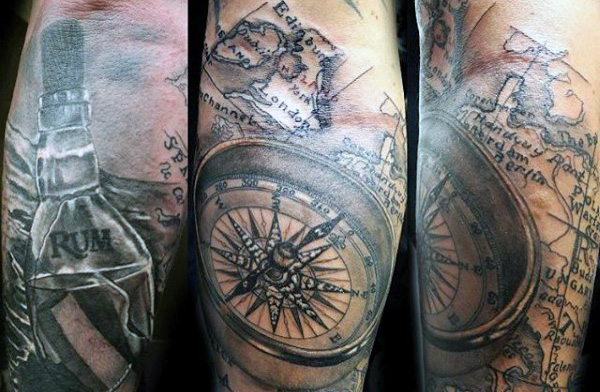 3D Compass With Pirate Map Tattoo Design For Arm