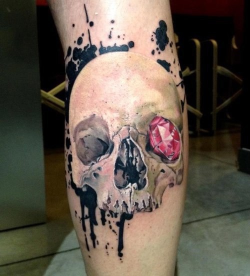3D Diamond On Pirate Skull Left Eye Tattoo On Leg Calf