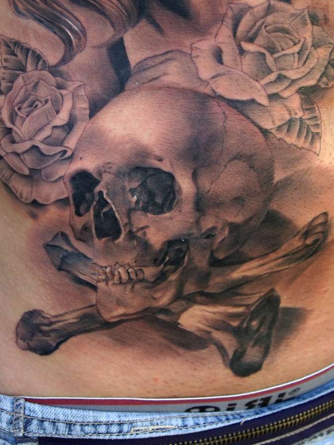 3D Pirate Skull With Crossbone And Roses Tattoo Design For Lower Back
