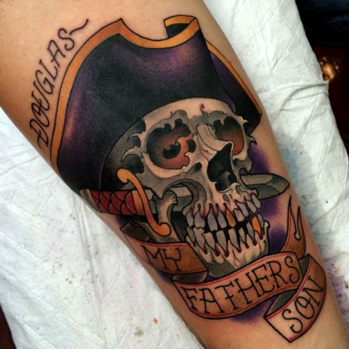 3D Traditional Pirate Skull With Banner Tattoo Design For Sleeve