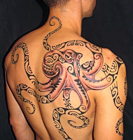 Amazing Black Ink Maori Octopus Tattoo On Man Upper Back By Freddy Arone Teore
