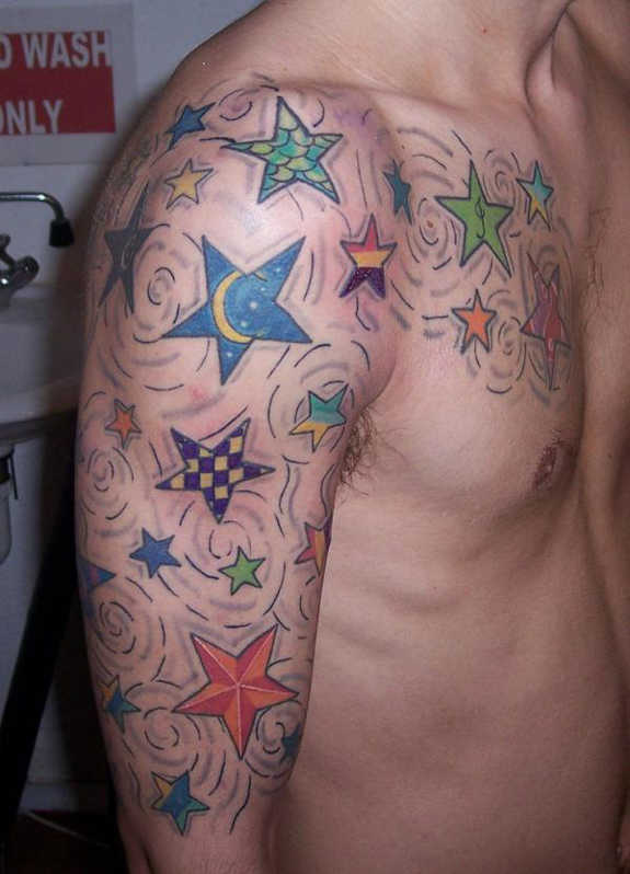 Amazing Colored Star Tattoos On Man Half Sleeve
