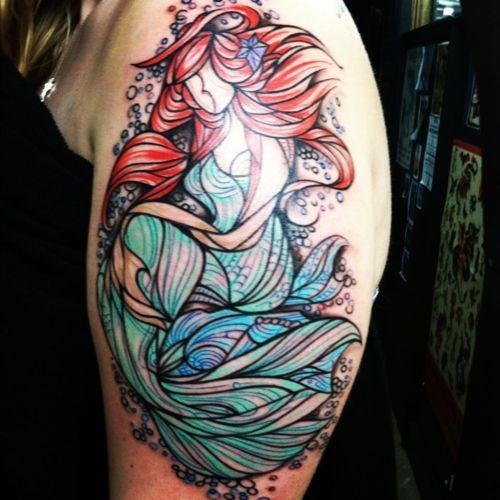 Amazing Colorful Mermaid Tattoo On Girl Left Shoulder