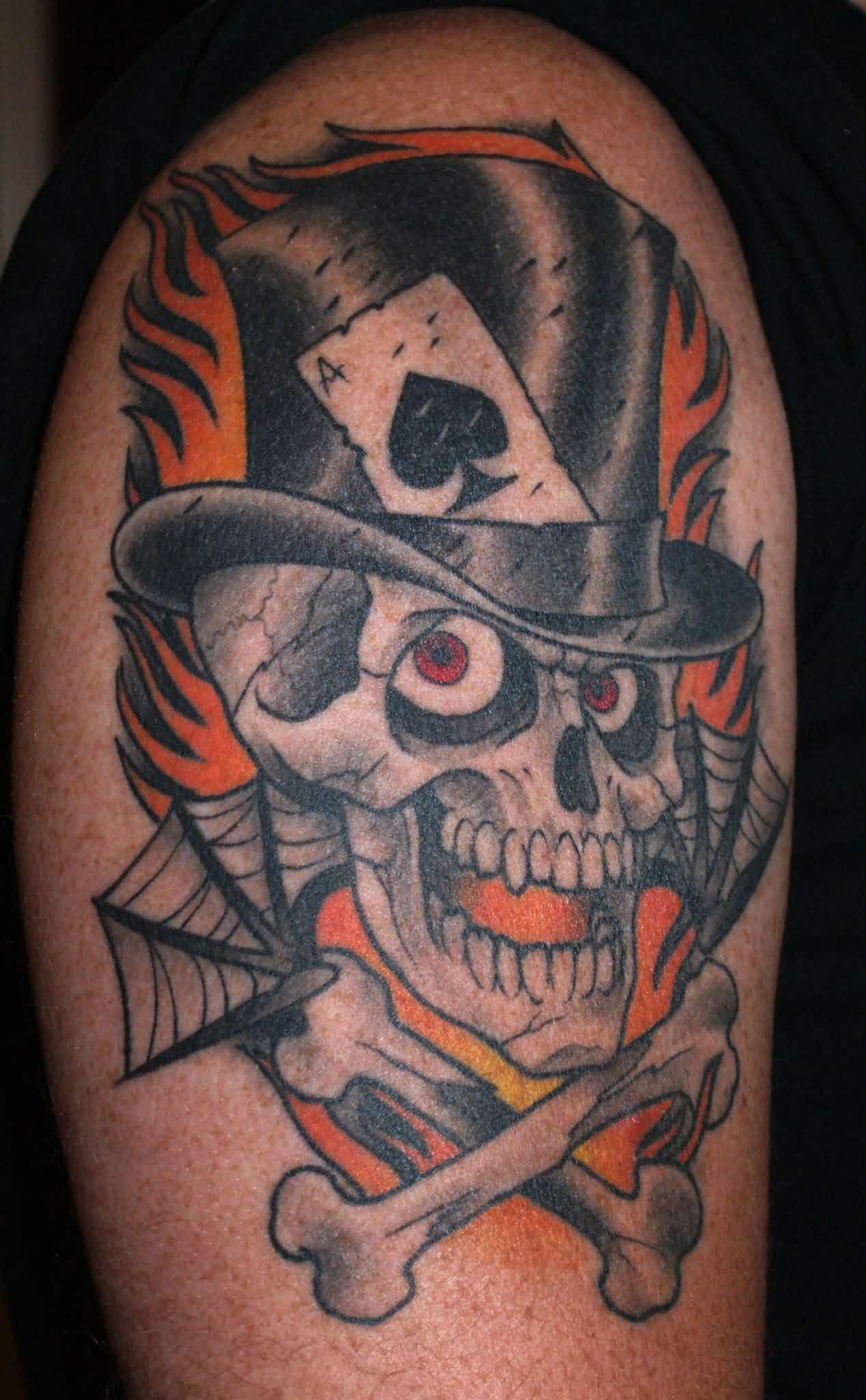 Amazing Pirate Skull With Crossbone Tattoo On Right Shoulder