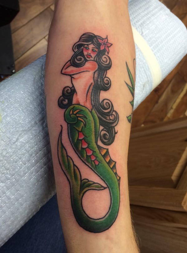 Amazing Traditional Mermaid Tattoo Design For Forearm
