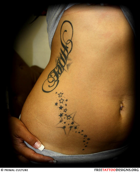 Ambigram Faith And Star Tattoos On Hip
