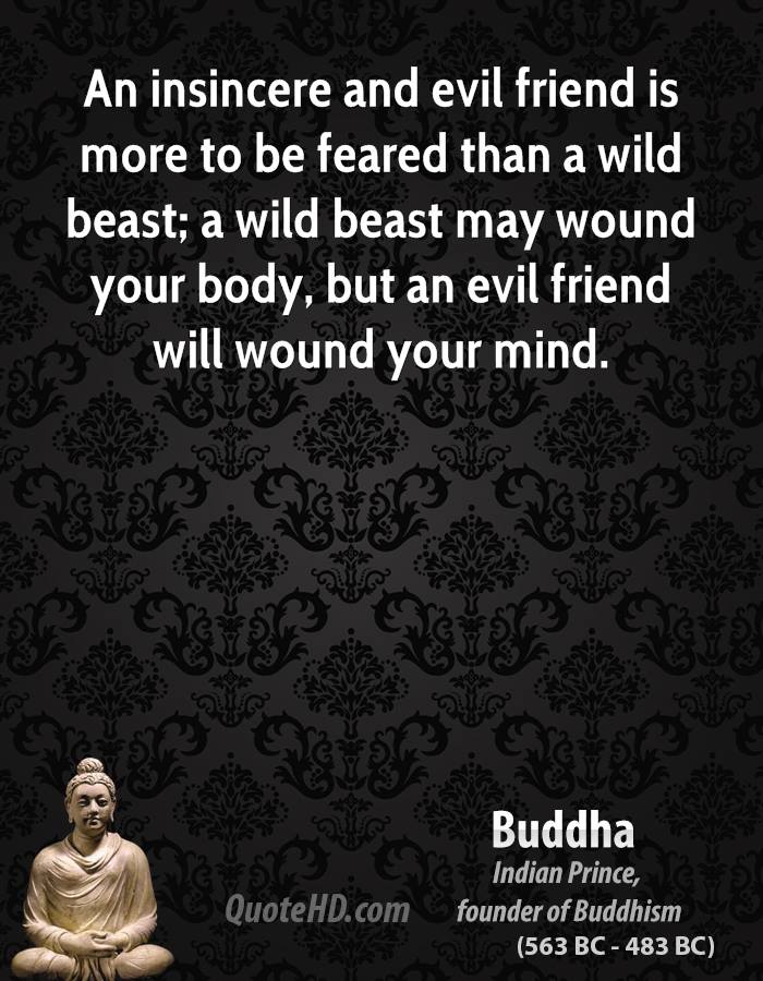 An insincere and evil friend is more to be feared than a wild beast; a wild beast may wound your body but an evil friend will wound your mind. Buddha