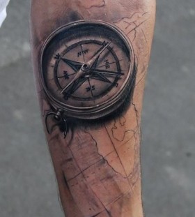 Attractive 3D Pirate Map With Compass Tattoo Design For Sleeve