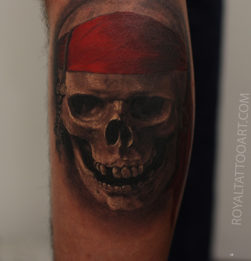 Attractive 3D Pirate Skull Tattoo Design For Leg Calf