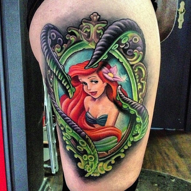 Attractive Ariel In Frame Tattoo Design For Thigh By Artakahara