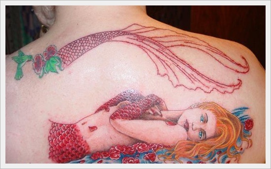 Attractive Beautiful Mermaid Tattoo On Man Upper Back