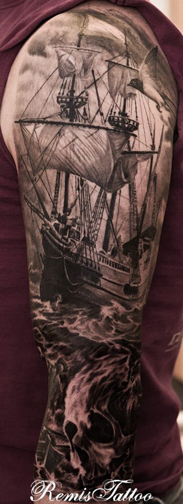 Attractive Black And Grey Ghost Pirate Ship Tattoo On Left Full Sleeve