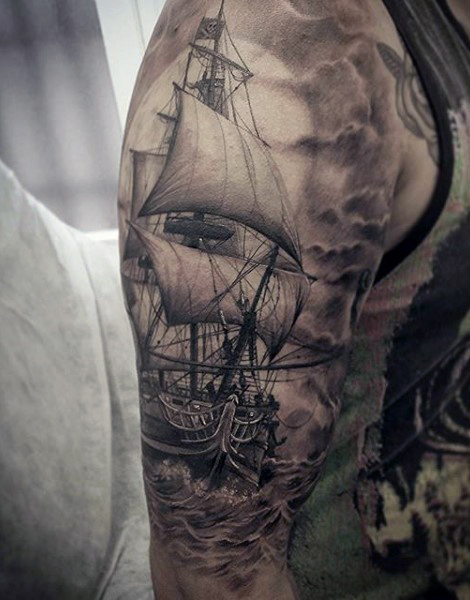 Attractive Black And Grey Ghost Pirate Ship Tattoo On Right Half Sleeve