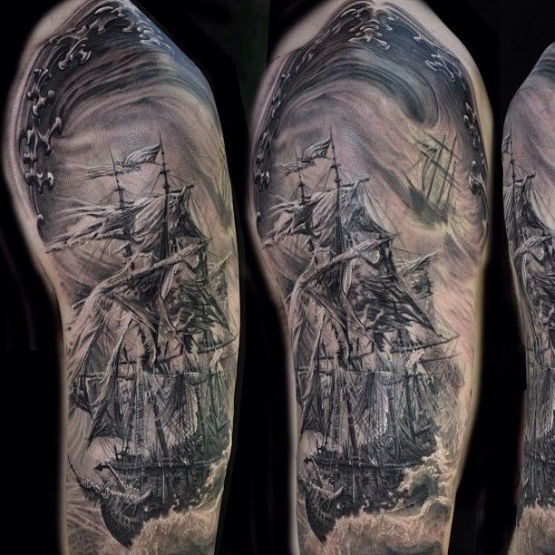 Attractive Black And Grey Pirate Ship Tattoo On Half Sleeve
