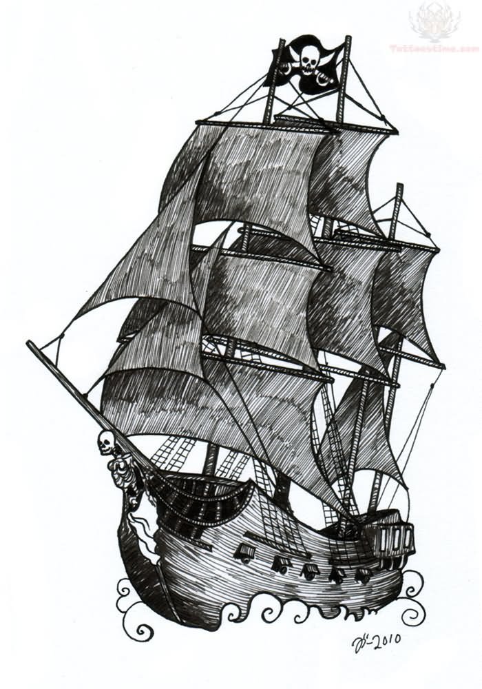 Attractive Black Ink Pirate Ship Tattoo Design