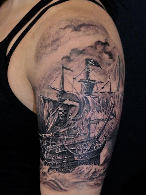 Attractive Black Ink Pirate Ship Tattoo On Man Left Shoulder