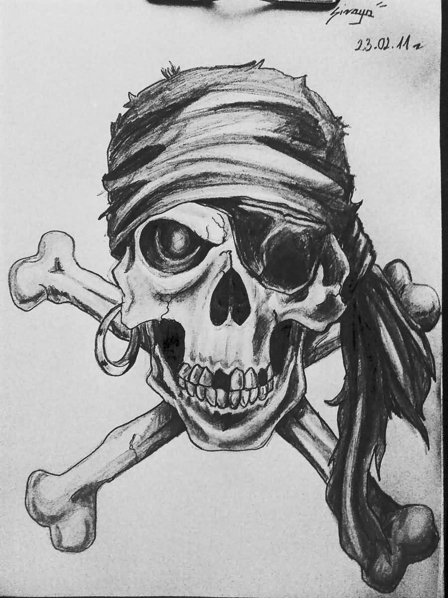 Attractive Black Ink Pirate Skull Tattoo Design By Sirayachin
