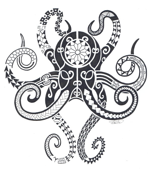 Attractive Black Maori Octopus Tattoo Design