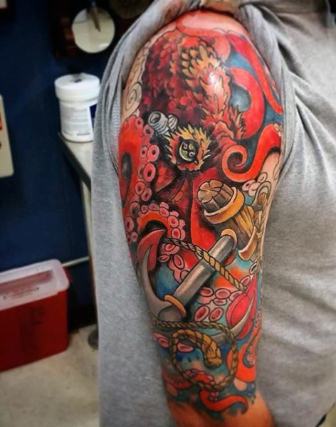 Attractive Colorful 3D Octopus With Anchor Tattoo On Right Half Sleeve