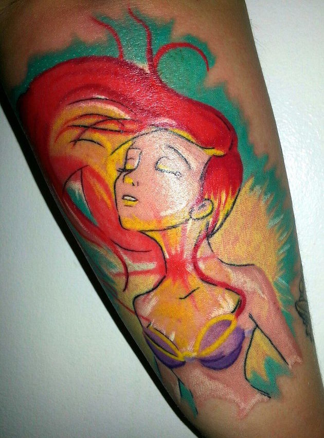 Attractive Colorful Little Mermaid Tattoo Design For Sleeve