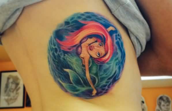 Attractive Colorful Little Mermaid Tattoo On Right Side Rib