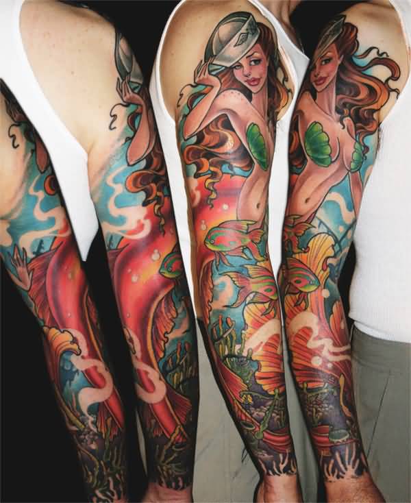 Attractive Colorful Mermaid Tattoo On Full Sleeve