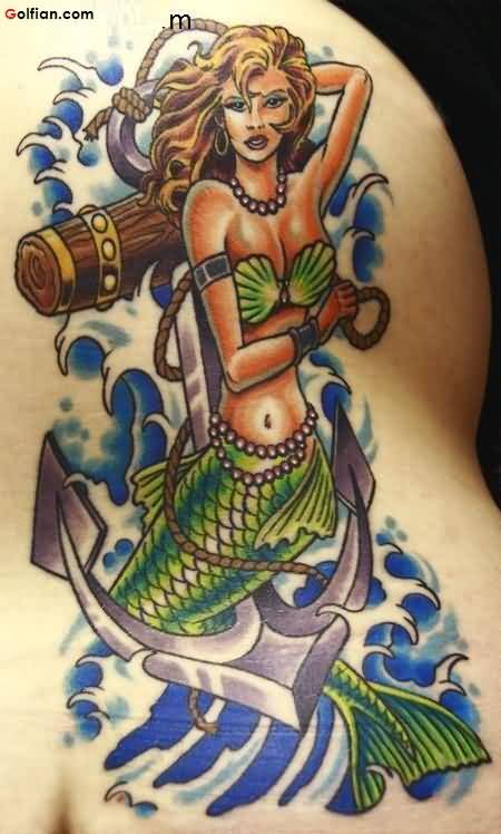 Attractive Colorful Mermaid With Anchor Tattoo Design