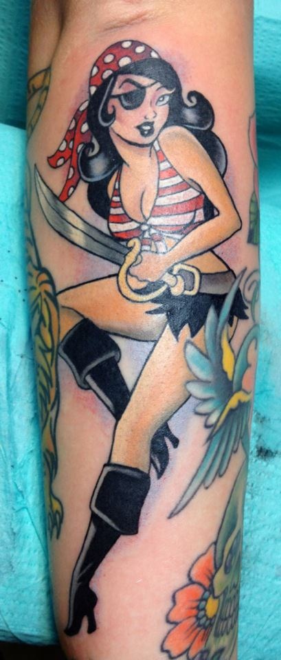 Attractive Colorful Pirate Girl Tattoo On Arm