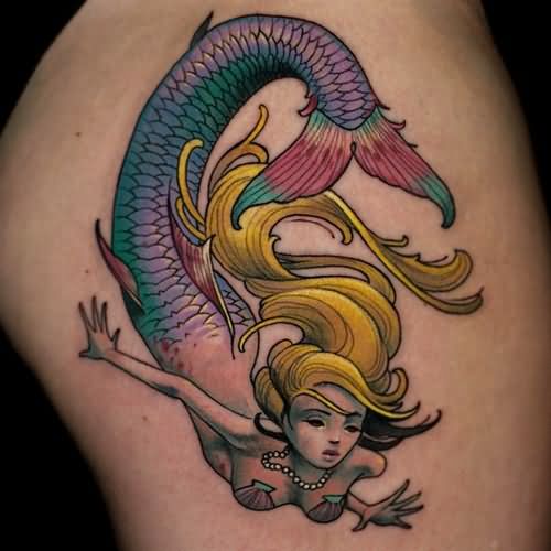 Attractive Colorful Swimming Mermaid Tattoo Design
