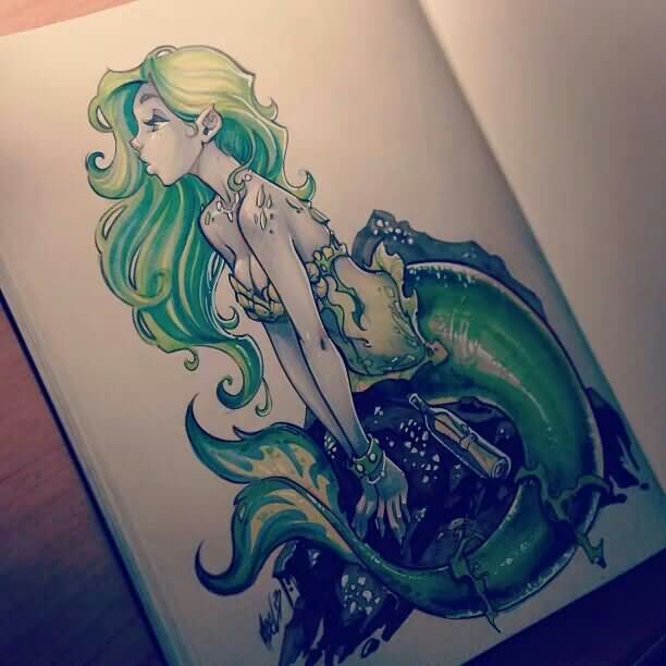 Attractive Green Ink Mermaid Tattoo Design