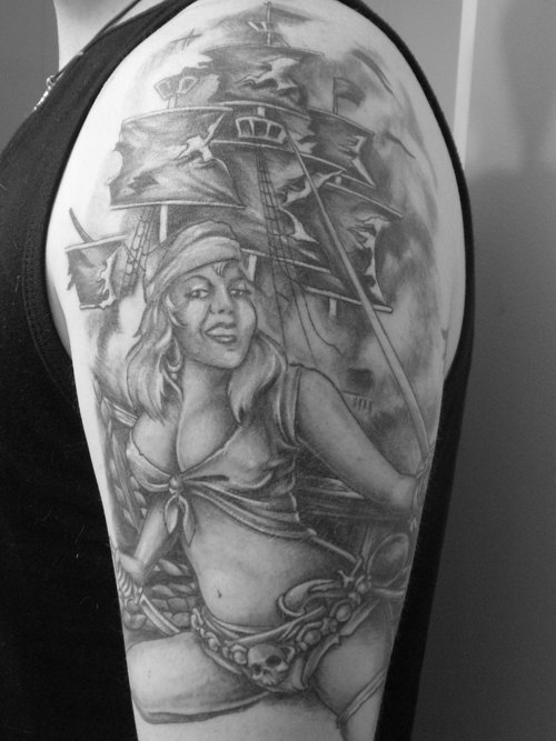 Attractive Grey Ink Pirate Girl With Ship Tattoo On Man Left Half Sleeve