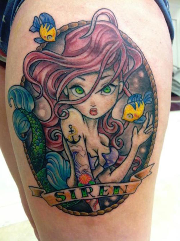 Attractive Little Mermaid In Frame With Banner Tattoo On Thigh
