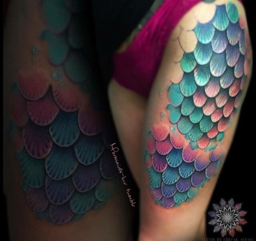 Attractive Mermaid Scale Tattoo On Girl Left Thigh