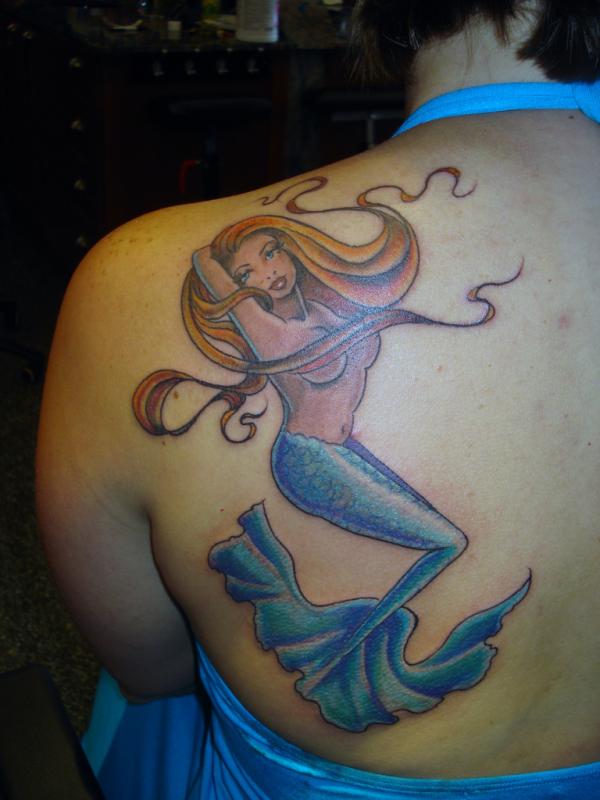 Attractive Mermaid Tattoo On Girl Left Back Shoulder