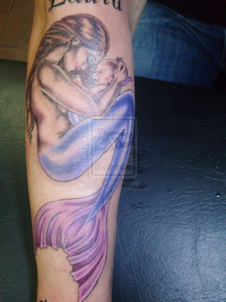 Attractive Mermaid With Baby Tattoo Design For Sleeve