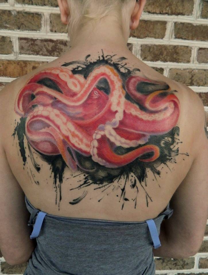 Attractive Octopus Tattoo On Girl Upper Back