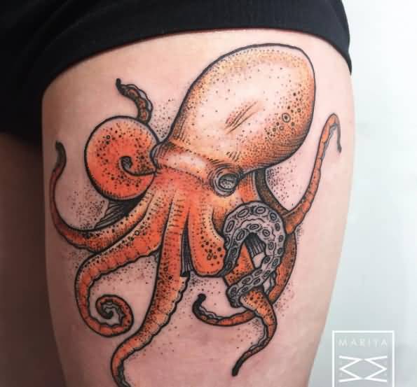 Attractive Octopus Tattoo On Left Thigh By Mariya Summer