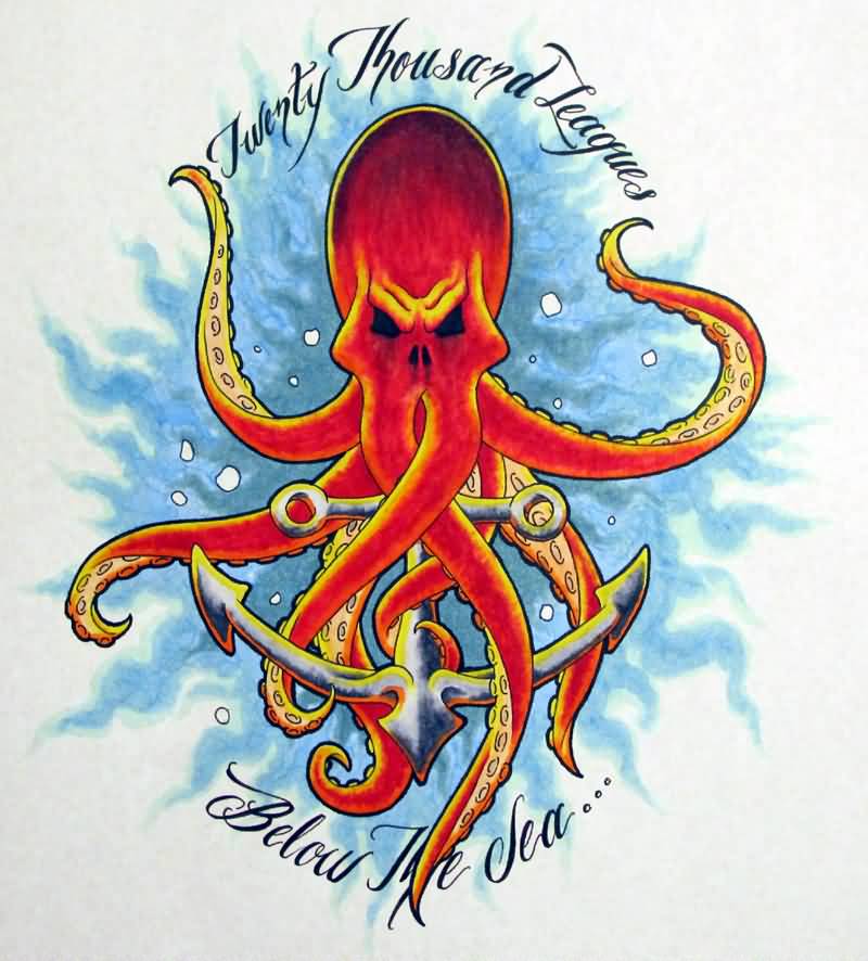 Attractive Octopus With Anchor Tattoo Design