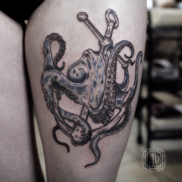 Attractive Octopus With Anchor Tattoo On Girl Left Thigh