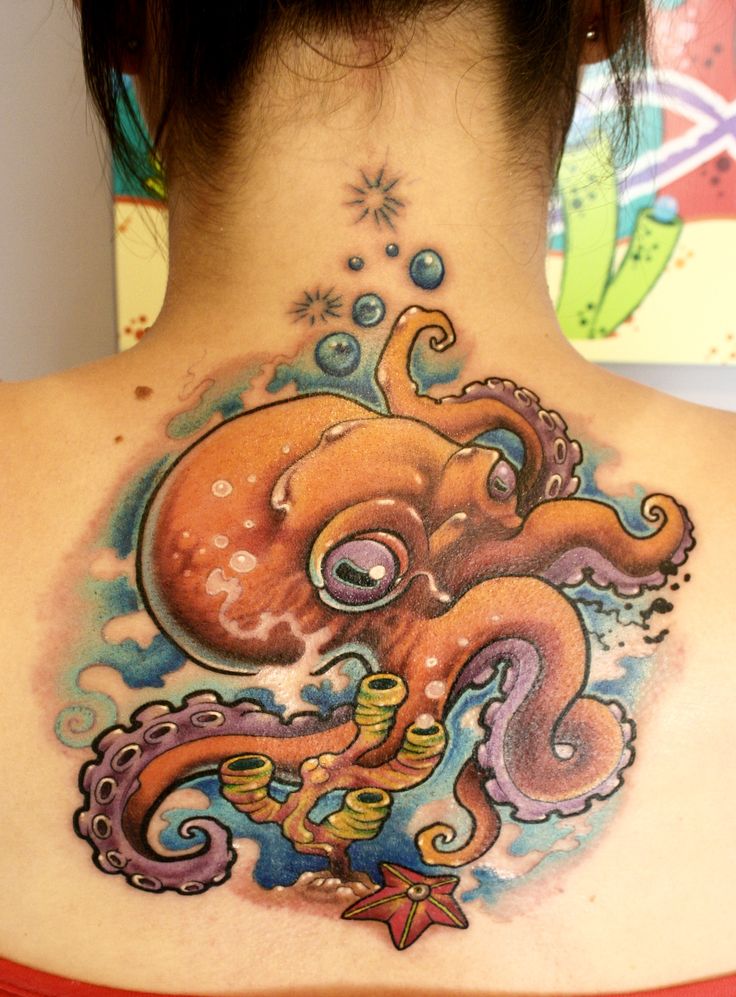 Attractive Pirate Octopus Tattoo On Girl  Upper Back