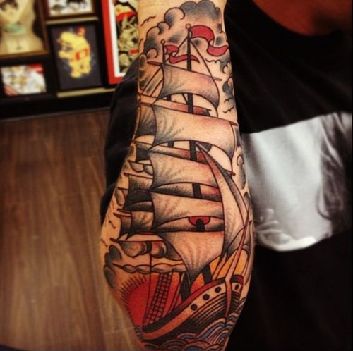 Attractive Pirate Ship Tattoo On Right Forearm