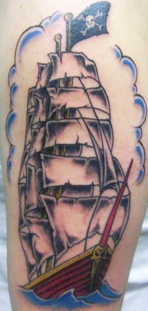 Attractive Pirate Ship Tattoo On Right Half Sleeve
