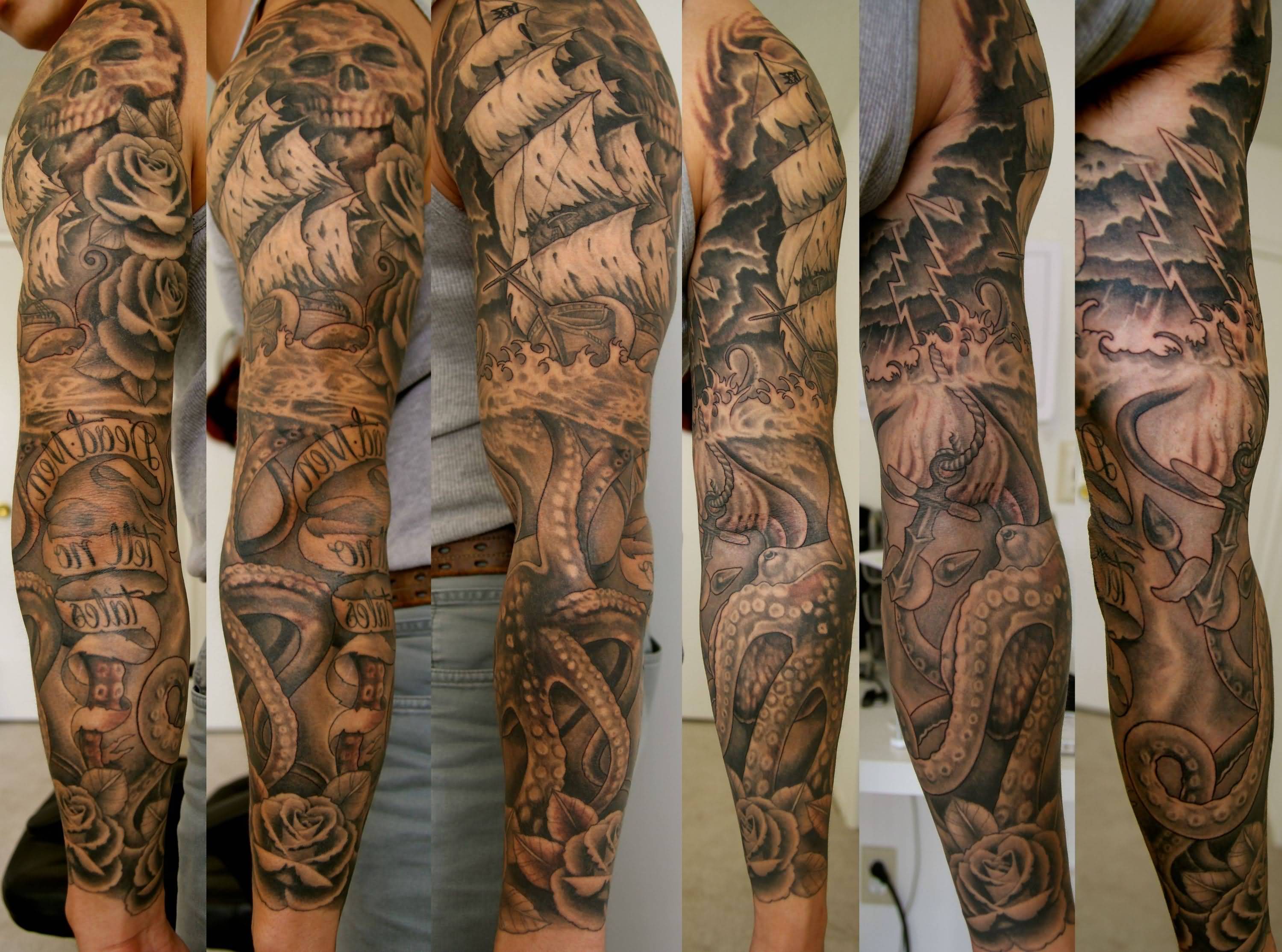 Attractive Pirate Ship With Octopus And Banner Tattoo On Man Left Full Sleeve