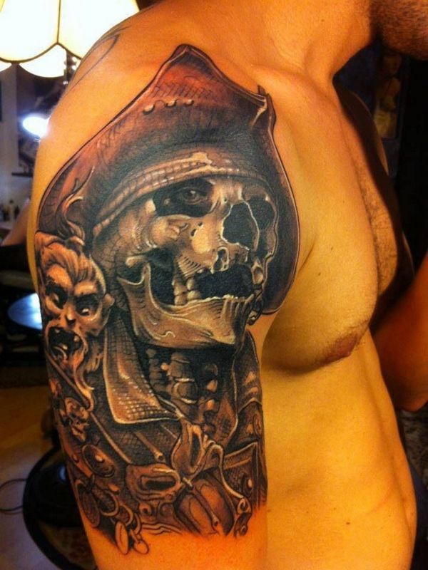 Attractive Pirate Skull Tattoo On Man Right Shoulder